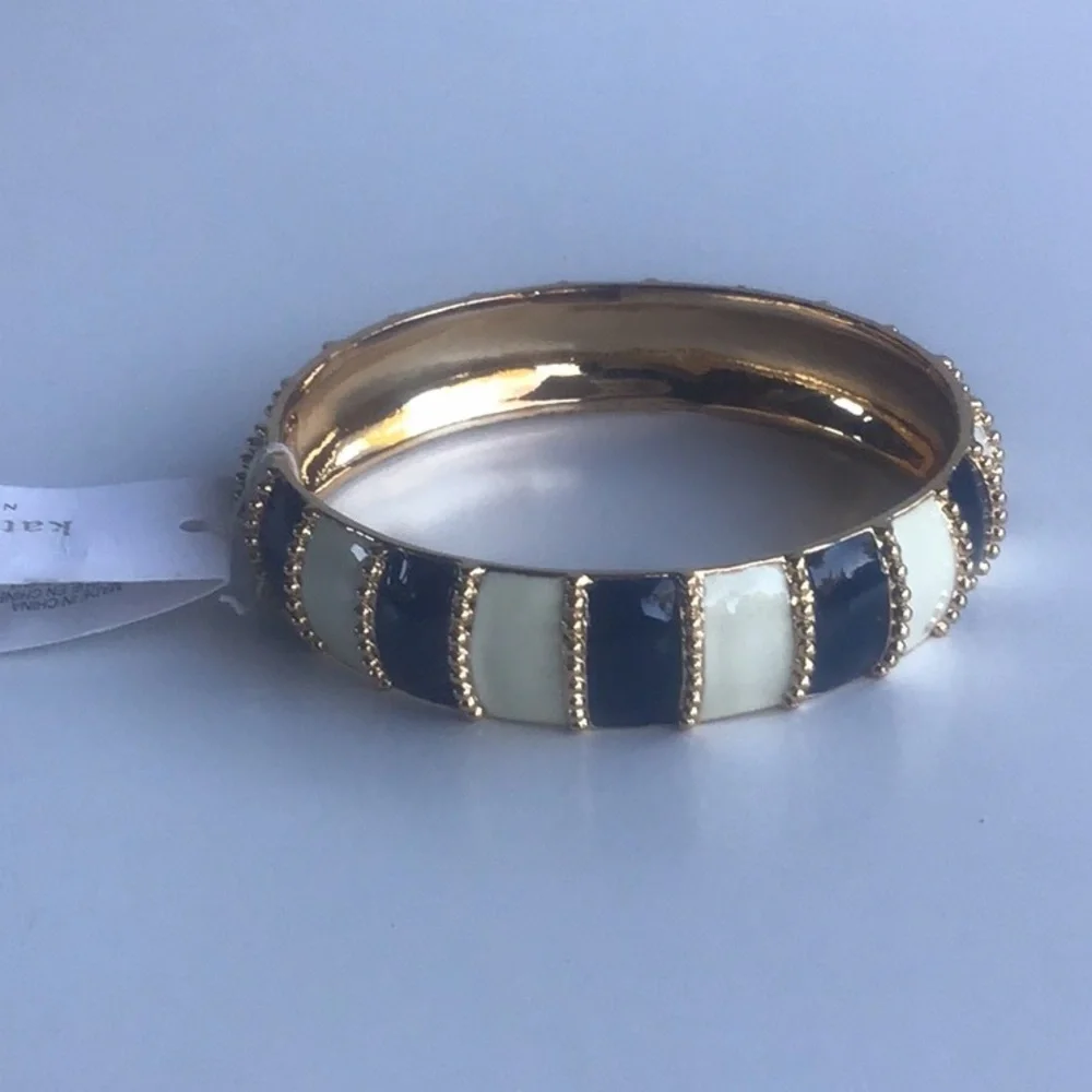 Kate Spade Gold, white ivory and Navy Striped beaded Bracelet chunky bangle - Picture 10 of 16